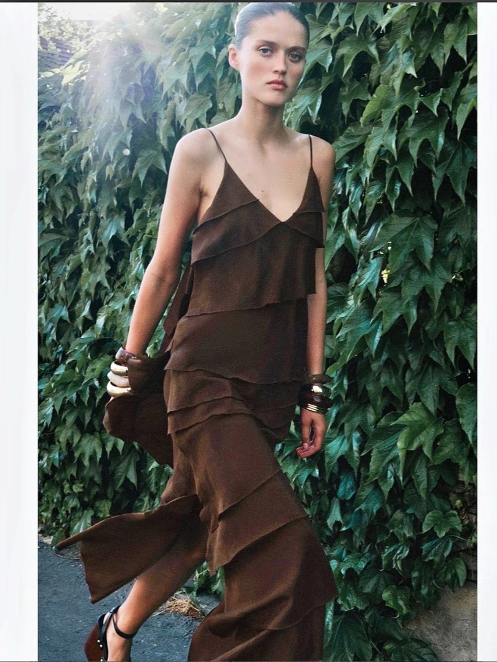 Zara Ruffled Maxi Dress in Brown Size Large NWT